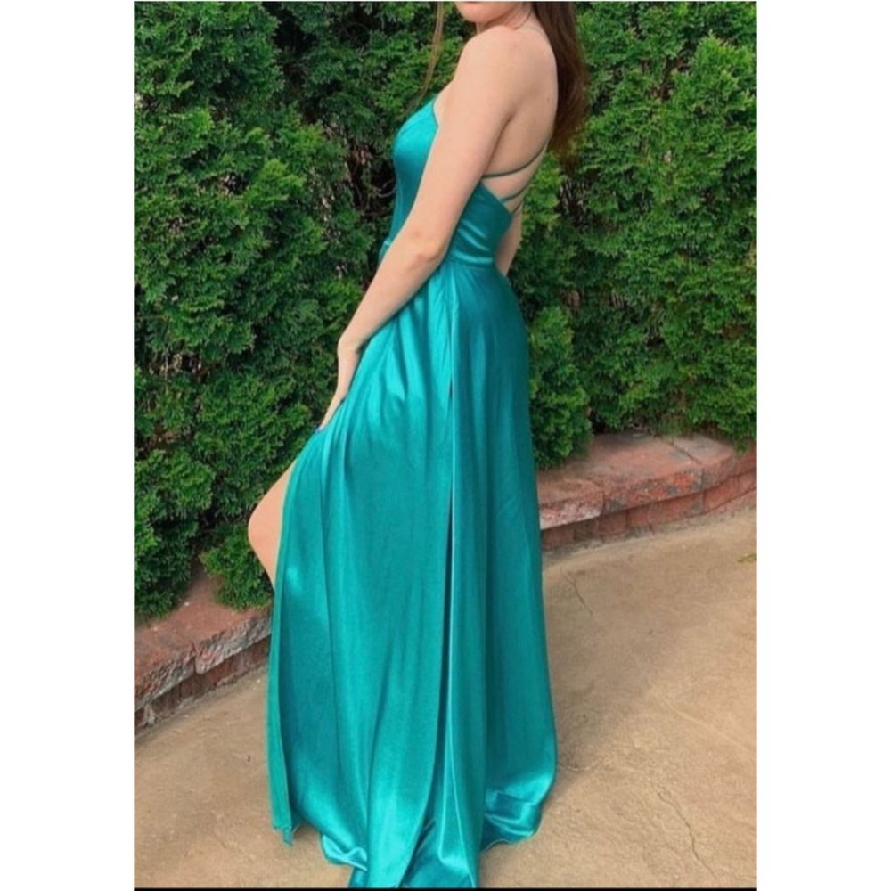 My Michelle Teal Satin Formal Gown – Strappy Back & Side Slit - Picture 2 of 6